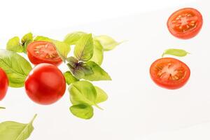 Tomates con albahaca en blanco antecedentes foto