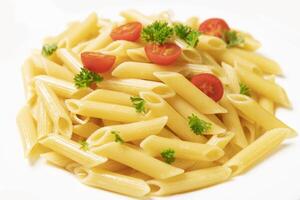 Plate of italian pasta, penne rigate with tomatoes photo