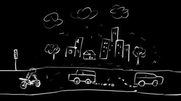 urbano ilustración con edificios y vehículos emitiendo fumar. animación de aire contaminación en el ciudad con escrito diseño estilo video