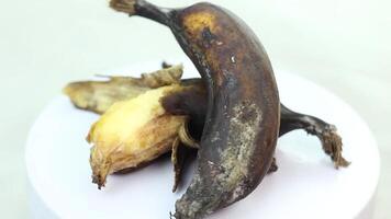 Two rotten bananas placed on a rotating display stand video