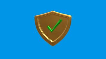 3d Golden shield symbol and green check mark in floating style on blue background video