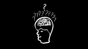 illustration av en mänsklig huvud designad med handstil. sluta rörelse av en mannens hjärna med en fråga mark symbol video