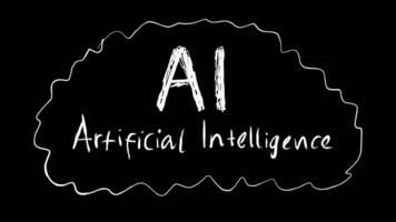 The words AI stop motion are handwritten on a black background. Illustration of a brain containing artificial intelligence video
