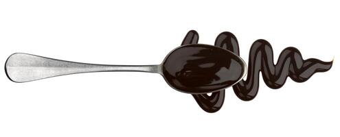 Sweet chocolate sauce in spoon isolated on white background, top view photo