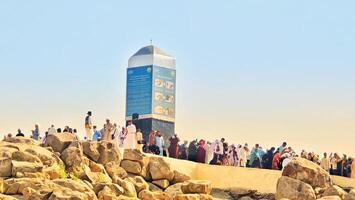 Mecca, Saudi Arabia on February 26, 2024. Jabal Rahmah in Arafah is the place where the Prophets Adam and Eve met after they were expelled from heaven. This is the place where they ask for forgivenes photo