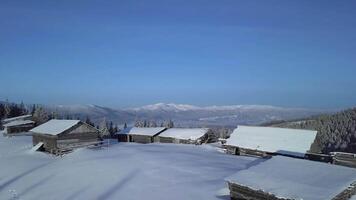 voar sobre a Vila do pastor e a floresta dentro a Cárpatos dentro inverno. lindo panorama do inverno montanhas. aéreo visualizar. 4k video