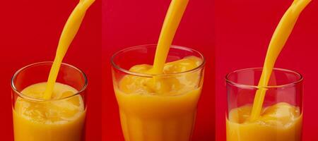 Orange juice pouring into glass on red color background photo