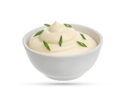 Bowl of sour cream and onion isolated on white photo