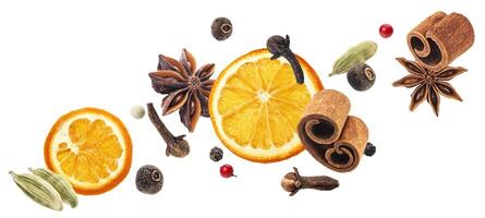 Aromatic spices collection, igredients for mulled wine isolated on white background photo