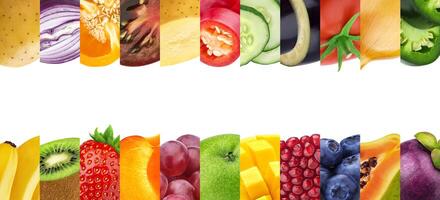 Wide collage of different fruits and vegetables isolated on white background with copy space photo