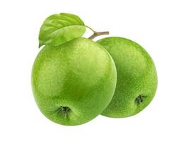 Two green apples on branch isolated on white background photo