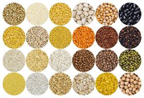 Collection of different cereals, grains, rice and beans backgrounds. photo