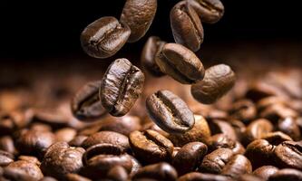 Falling coffee beans close-up, flying coffee beans over dark background photo