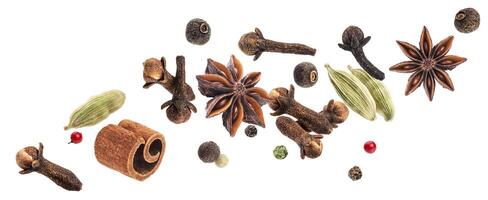 Aromatic spices collection, igredients for mulled wine isolated on white background photo