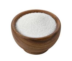 Sugar in wooden bowl isolated on white background photo