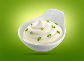 Bowl of sour cream isolated on white photo