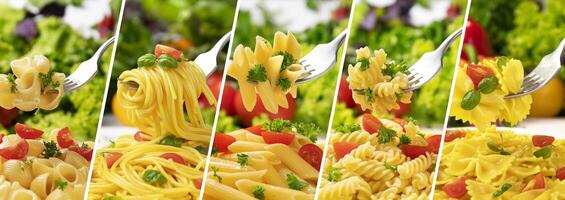 Italian pasta collection, different types of pasta on fork photo