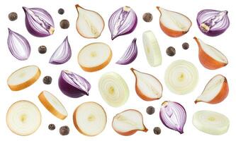 Onion slices and black pepper isolated on white background photo