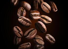 Roasted falling or flying coffee beans on black background, close up, brown texture photo
