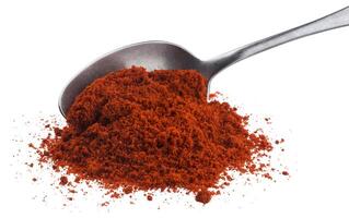 Pile of red paprika powder in spoon isolated on white background with clipping path photo