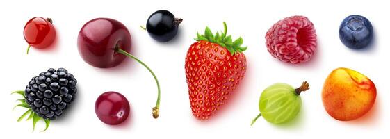 Assortment of different berries isolated on white background, flat lay, top view photo