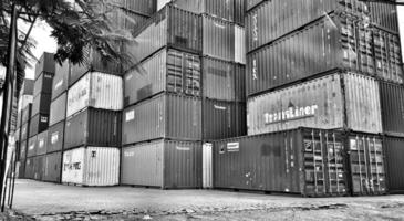 Jakarta, Indonesia on December 6, 2023. Stacks of colorful containers at a logistics warehouse in Cakung. photo