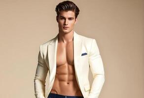 Handsome caucasian male model posing in a stylish ivory jacket without a shirt, perfect for fashion and lifestyle concepts related to summer events photo