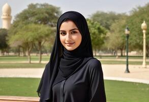 Confident Middle Eastern woman wearing hijab in a serene park, ideal for cultural diversity, women empowerment, and religious holidays like Ramadan photo