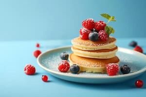 Stack of freshly made pancakes topped with raspberries and blueberries, dusted with powdered sugar, perfect for Shrove Tuesday or brunch concepts photo