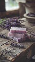 handcrafted lavender soap displayed on rustic wooden table, early morning market light, empty space for text photo