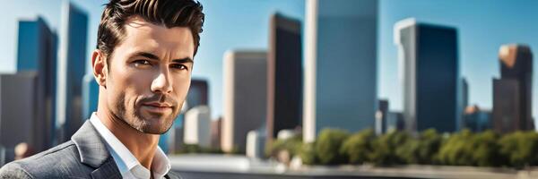 Confident young Caucasian businessman in a grey suit posing with a modern cityscape backdrop, ideal for corporate and success themes photo