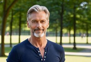 Confident middle aged Caucasian man with a refined gray beard smiling in a sunlit park, ideal for themes like Fathers Day and mature lifestyle photo