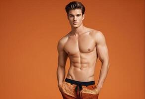 confidente joven masculino modelo exhibiendo trajes de baño en contra un naranja fondo, ideal para verano Moda y aptitud conceptos foto