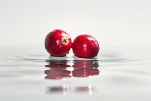 par de arándanos flotante en agua, vibrante rojo en un blanco antecedentes foto
