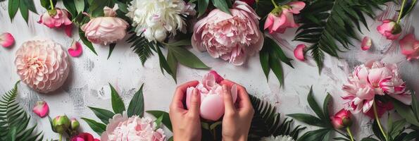 floral wreath making workshop table, hands arrange peonies and ferns, creative hobby, empty space for text photo