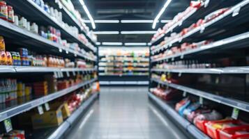 empty grocery shelves, panic buying concept, background with empty space for text photo