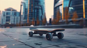 modern electric skateboard on an urban sidewalk, dynamic angle with cityscape photo