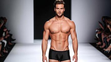 Handsome male model with a toned physique walking on a fashion show runway in black swimwear, representing summer fashion trends and body confidence photo