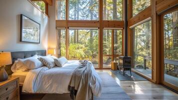 The serene master bedroom featuring a woodburning stove nestled between two large windows overlooking the surrounding forest. 2d flat cartoon photo