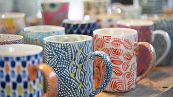 The patterns on each mug vary showcasing a range of artistic techniques and personal design choices. photo