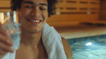 A patient with a towel around their shoulders and a glass of water in hand smiling blissfully after a sauna session. photo