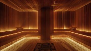 el atractivo interior de un boutique hoteles sauna con suave Encendiendo y sutil aromas relleno el aire a crear un pacífico atmósfera para invitados a relajarse. foto