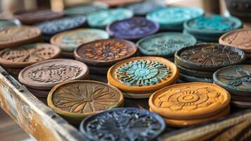 A tray of clay coasters each one decorated with a different stamp pattern perfect for adding a personal touch to any table setting. photo