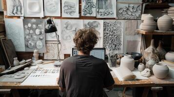 un alfarero sentado a un escritorio rodeado por bocetos y dibujos de potencial cerámica diseños mientras utilizando un ordenador portátil a entrada ellos dentro el diseño software. foto