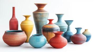 A colorful display of different shaped and sized clay pots vases and bowls on a white background. photo