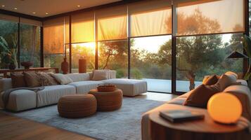 A shot of a living room with hidden motorized blinds controlled by a smart device to effortlessly adjust natural lighting and privacy in the space photo