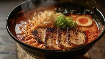 In this bowl of flaming y ramen the broth is an impressive shade of red teeming with fiery es that promise a thrilling journey for the taste buds. The noodles soak up al photo