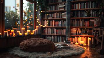 A cozy corner with a floortoceiling bookshelf filled with books candles and a plush floor cushion for introspection and relaxation photo