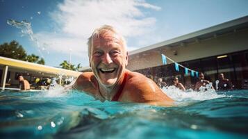 un mayor hombre felizmente completando su vueltas en un comunidad piscina quedarse físicamente ajuste y móvil foto