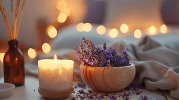 Placing a bowl of dried lavender or a diffuser with lavender essential oil in the bedroom for its calming and sleeppromoting effects photo